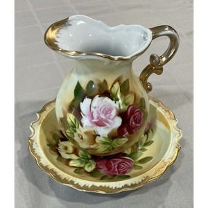 Vintage Allied Japan Small Water Pitcher Bowl Vanity Floral Flowers Pattern Gold